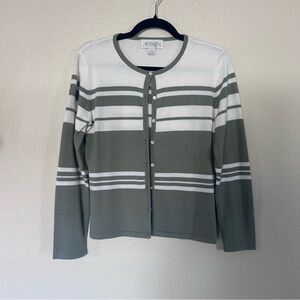 Casual Corner Annex Sage & White Striped Cardigan | Size Medium